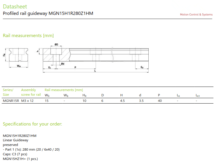 MGN15H slider and rail specifications