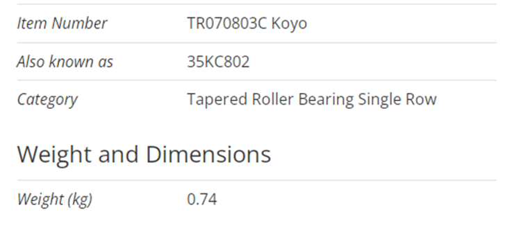 TR070803C tapered roller bearing specs