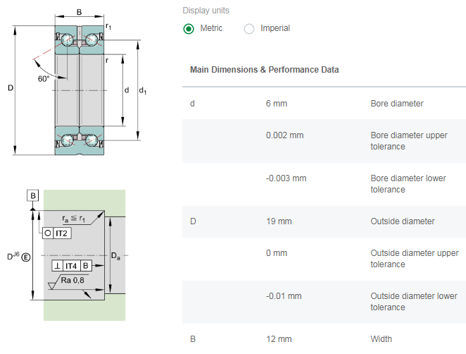 ZKLN0619 Axial angular contact ball bearing datasheet