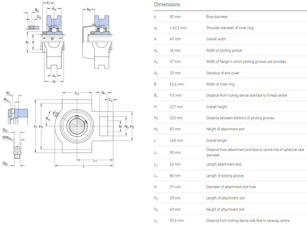 UCT210 Ball bearing units drawing